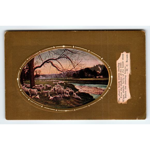 Vintage Sheep by Silver Brook Scenic Postcard W.C. Bryant Quote - Picture 1 of 2